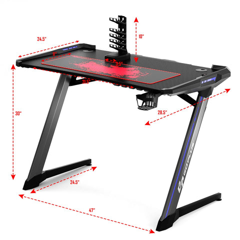 Z-Shaped Gaming Desk RGB LED Lights w/USB Handle Rack & Large Mouse Pad